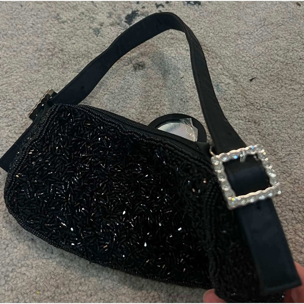 Valerie Stevens Black Beaded Bag Rhinestone Buckle Evening Purse Vintage Y2K